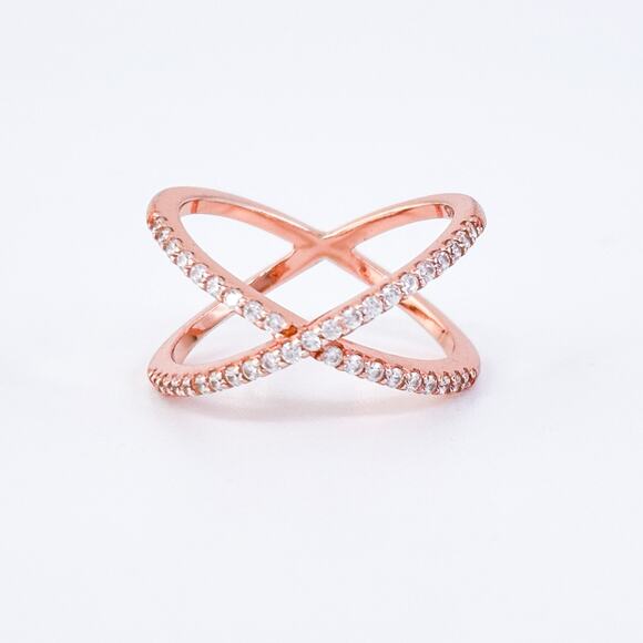 Vintage Sterling Silver 925 Rose Gold Tone Cubic Zirconia X-Band Ring Size 5.25 - Picture 2 of 10